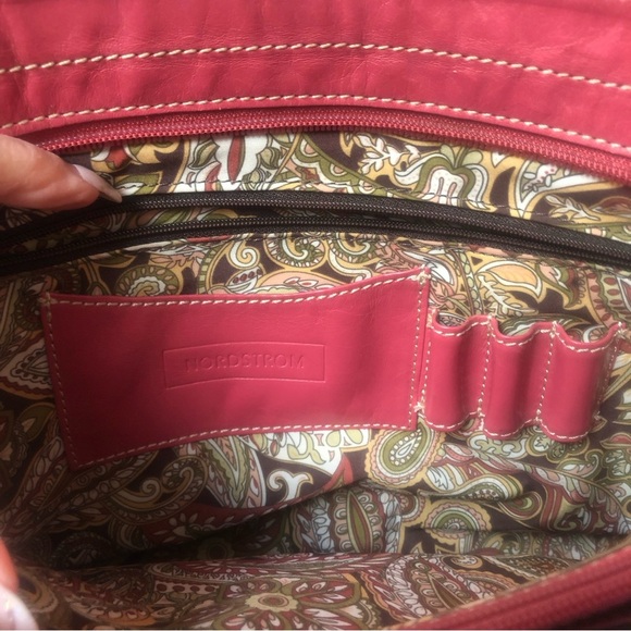Nordstrom medium pink leather shoulder bag multi pocket paisley inside 9x14 - Picture 6 of 10